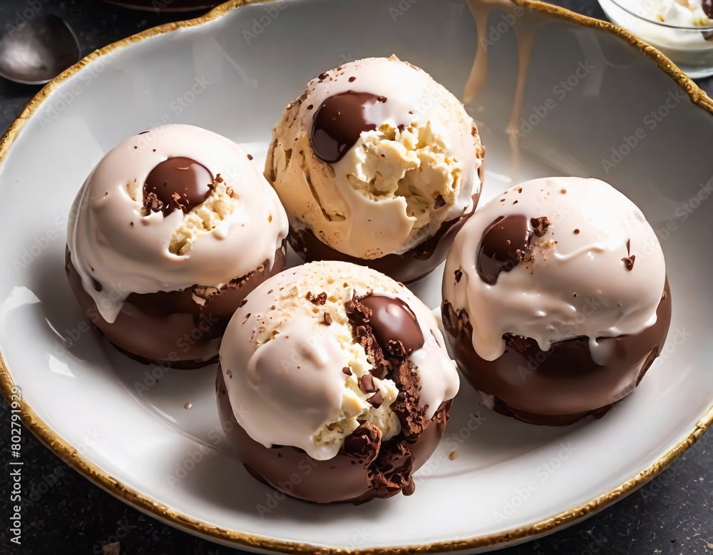 Fototapeta premium Ice cream balls in a luxury porcelain dish with gold detail