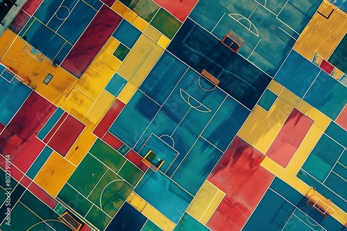A labyrinth of colorful sports lines from top-view courts and fields. photo
