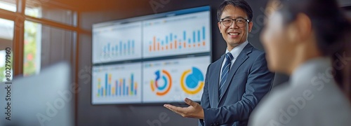 Asian professional successful businessman standing in a formal suit explaining report investment graph chart data to businesswoman colleagues from a computer monitor in a meeting room