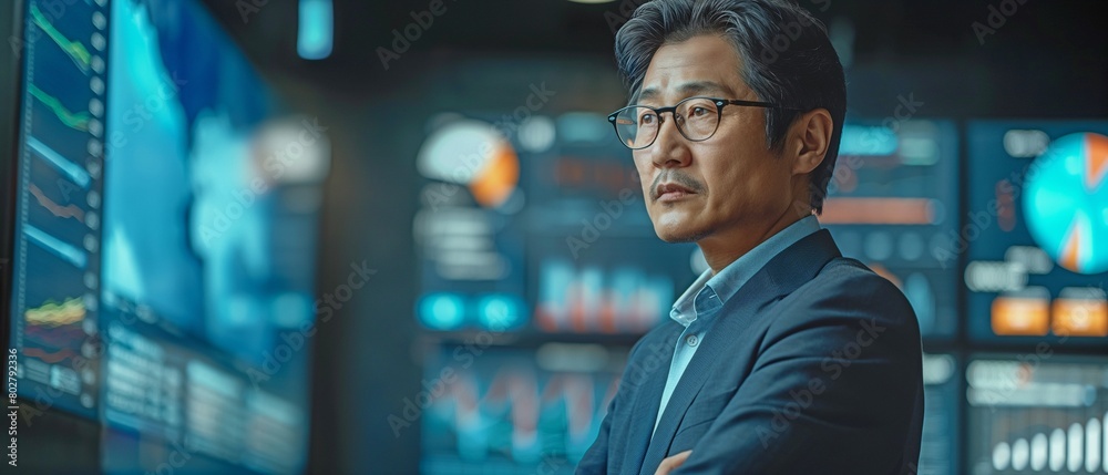 Asian professional successful male businessman, educator, presenter, and strategy data information monitor. He wears a formal business suit and addresses audiences in a firm office meeting. Asian professional successful male businessman, educator, presenter, and strategy data information monitor. He wears a formal business suit and addresses audiences in a firm office meeting.