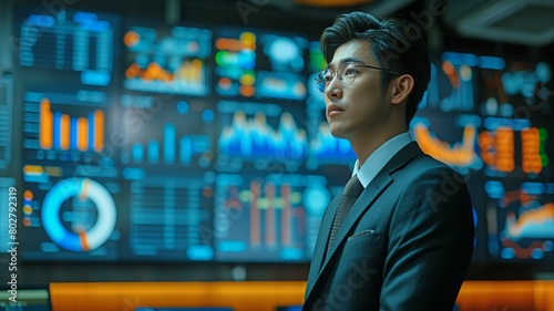 Asian professional successful male businessman, educator, presenter, and strategy data information monitor. He wears a formal business suit and addresses audiences in a firm office meeting.