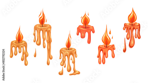 Vector set of flowing paraffin candles with fire isolated from background. Aromatherapy and festive icons. Candle wax tops.