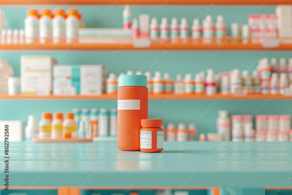 A colorful display of various bottles of medicine on a counter