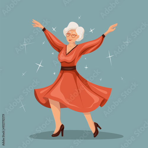 Joyful old lady dancing in a dress. Active aging. Vector flat illustration of happy beautiful senior woman in red dress on blue background with stars. (ID: 802792579)
