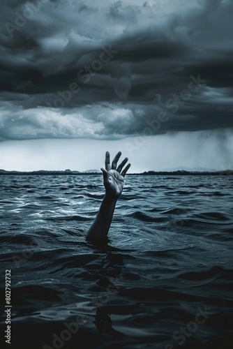 A lone hand reaches desperately from the choppy ocean waves, as dark storm clouds gather overhead.