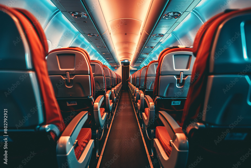 interior of modern airplane or train with seats and neon light
