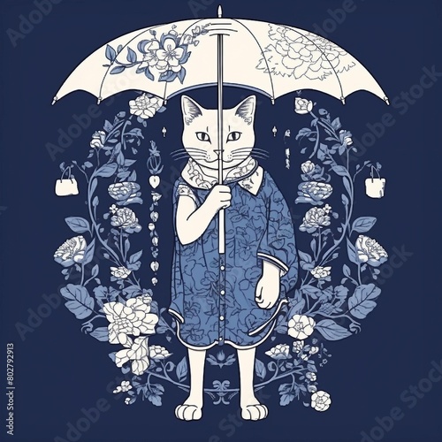 Illustration artistique mettant en scène un chat stylisé tenant un parapluie. Le chat est entouré de fleurs sur un fond bleu, le chat semble à la fois mignon et élégant, créant une ambiance artistique