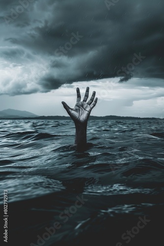 A ghostly hand emerges from the dark ocean depths, shrouded by ominous storm clouds.