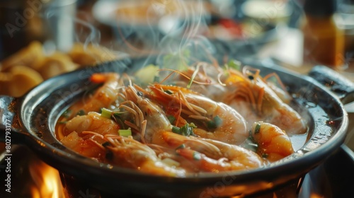Close-up of a steaming bowl of Tom Yum Goong soup with plump shrimp, straw mushrooms, and aromatic spices, ready to be enjoyed