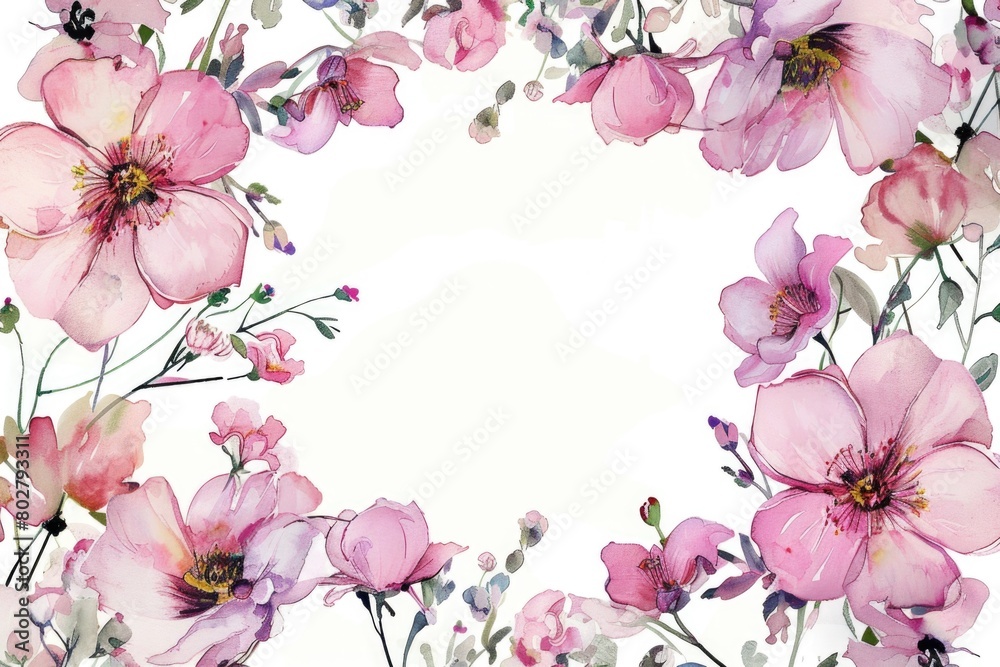 Fototapeta premium Delicate pink flowers painted on white background. Perfect for floral designs