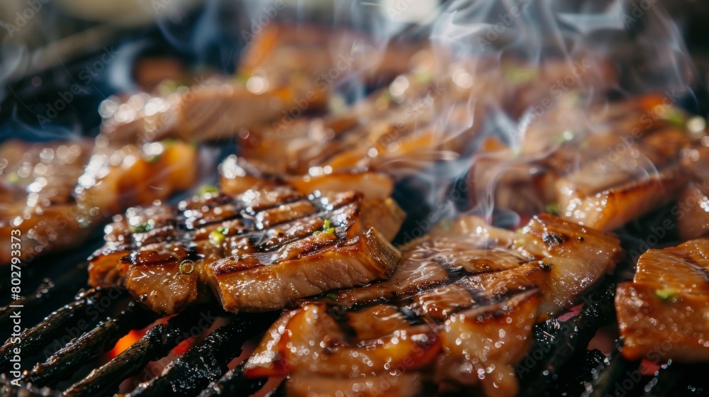 Close-up of charred and juicy grilled pork neck slices, sizzling on the barbecue and emitting mouthwatering aroma.