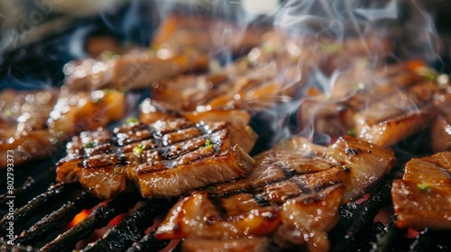Close-up of charred and juicy grilled pork neck slices, sizzling on the barbecue and emitting mouthwatering aroma.