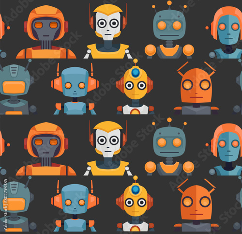 Child cheerful pattern with bright cartoon robots on gray background. Childish technology surface design. Flat texture with various cyborg toys for fabrics, wrapping paper and wallpaper.