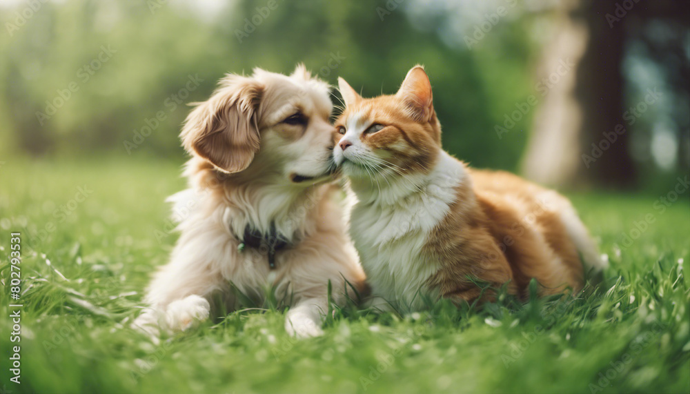 Cute dog and cat lying together on a green grass field nature in a spring sunny background
Cute dog and cat lying together on a green grass field nature in a spring sunny background