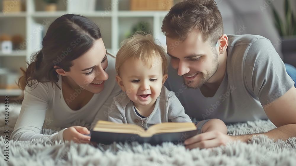 mother and child reading book and father feeling good mother and child reading book and father feeling good