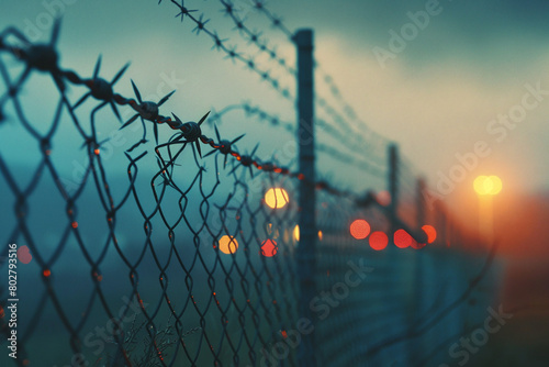 Fence with metal mesh and barbed wire to ensure security on territory. Photo from the side photo