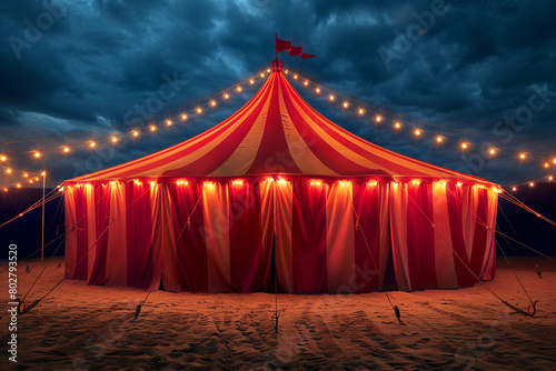 red tent of circus with many lights