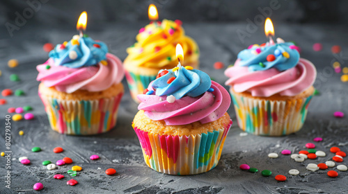 Tasty Birthday cupcakes with decor on grey background