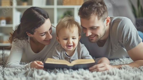 mother and child reading book and father feeling good