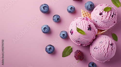 Tasty blueberry ice cream on color background