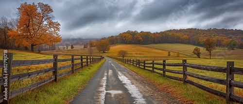 A farm in rural Rockbridge County, Buena Vista, Virginia, with a fence and a foggy fall day, as well as a dirt road driveway on a hill photo