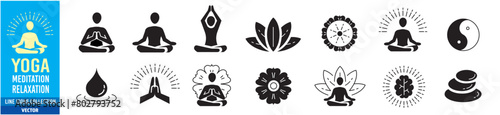 Meditation Practice Yoga and Zen icons set. Relaxation Inner Peace Self-knowledge Inner Concentration Editable Stroke Line icons collection Vector.