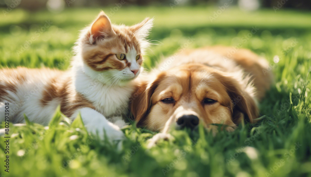 Cute dog and cat lying together on a green grass field nature in a spring sunny background

