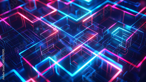 Abstract hologram background with colorful glowing lines forming the shape of squares and rectangles