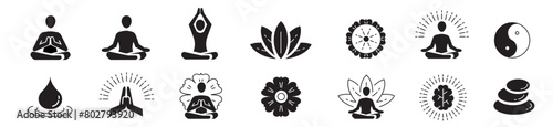 Meditation Practice Yoga and Zen icons set. Relaxation Inner Peace Self-knowledge Inner Concentration Editable Stroke Line icons collection Vector.