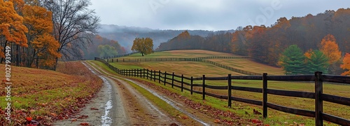 A farm in rural Rockbridge County, Buena Vista, Virginia, with a fence and a foggy fall day, as well as a dirt road driveway on a hill photo