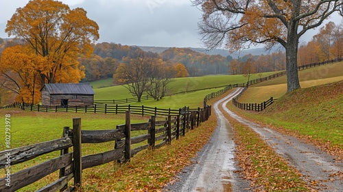 A farm in rural Rockbridge County, Buena Vista, Virginia, with a fence and a foggy fall day, as well as a dirt road driveway on a hill photo