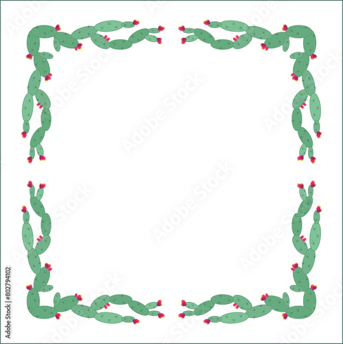Green vegetal ornamental frame with opuntia leaves and fruits, decorative border, corners for greeting cards, banners, business cards, invitations, menus. Isolated vector illustration. 