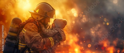 A firefighter holds a child in a powerful position, shielding them from the danger of a burning building with their entire attention focused on the child's safety.