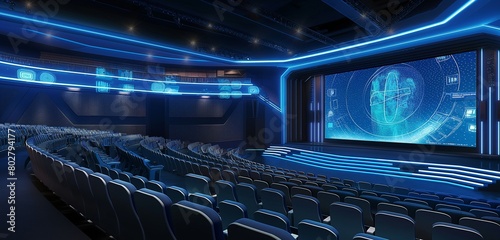 An elegant, high-tech auditorium designed for technology symposiums, with interactive seats and immersive, holographic stage presentations. 32k, full ultra hd, high resolution photo