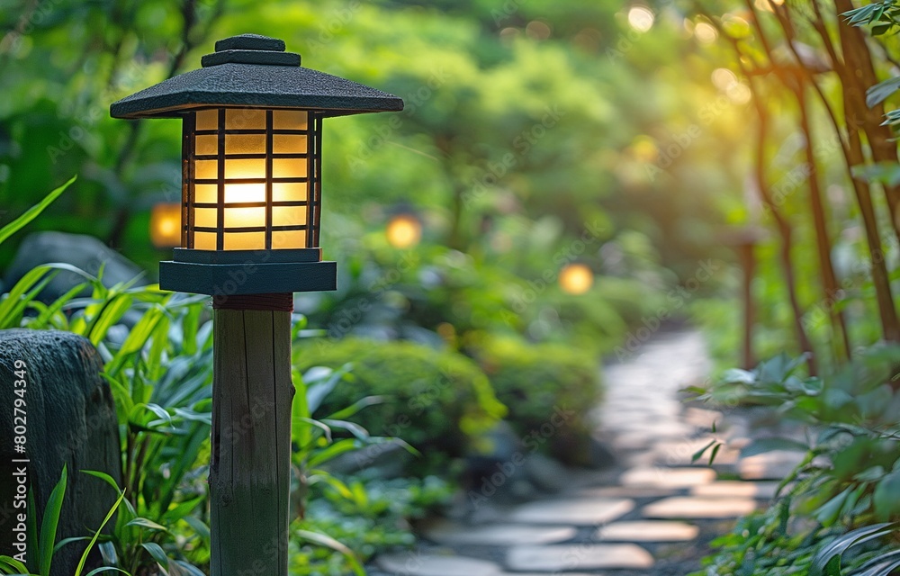 Japanese hanging lantern light on a wooden post in a garden with a path at a home, temple, or shrine with lush vegetation Japanese hanging lantern light on a wooden post in a garden with a path at a home, temple, or shrine with lush vegetation