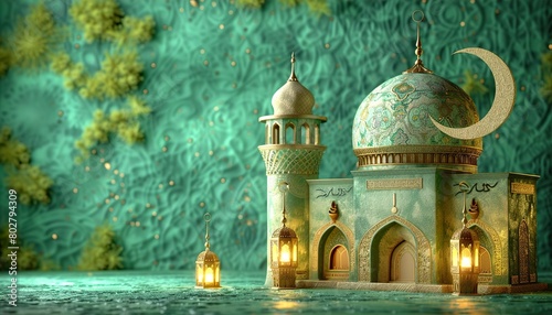 Modern 3D Islamic holiday banner postcard suitable for Ramadan, Raya Hari, Eid al-Adha 
