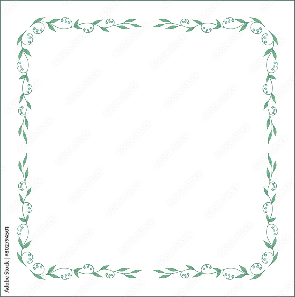 Green vegetal ornamental frame with leaves, decorative border, corners for greeting cards, banners, business cards, invitations, menus. Isolated vector illustration.	
