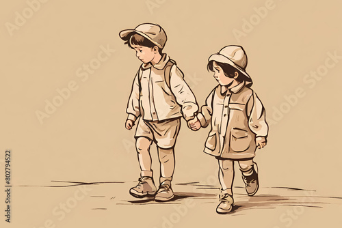 illustration of two small children walking while sad