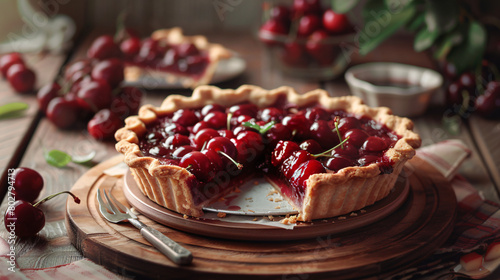 Tasty cherry pie on wooden table photo