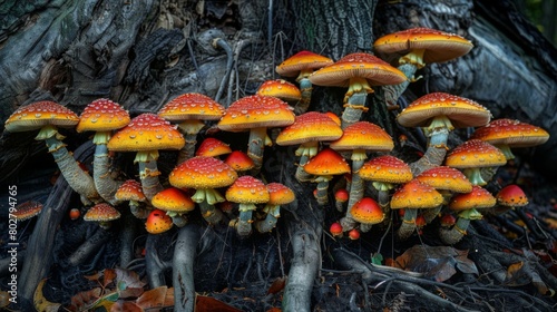 Close-up of vibrant mushrooms thriving on the roots of a tree, illustrating the intricate interplay between fungi and plant life.