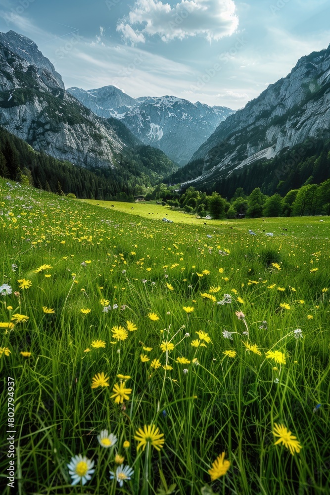 A picturesque scene of a field of yellow and white flowers with majestic mountains in the background. Perfect for nature and landscape concepts