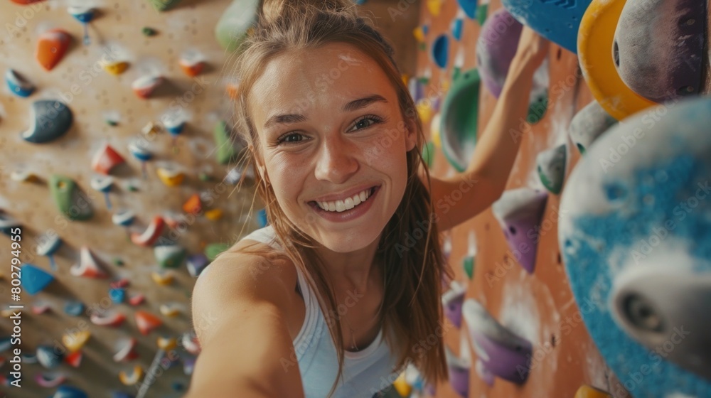 Fototapeta premium Sportswoman climber moving up on steep rock, climbing on artificial wall indoors. Extreme sports and bouldering concept