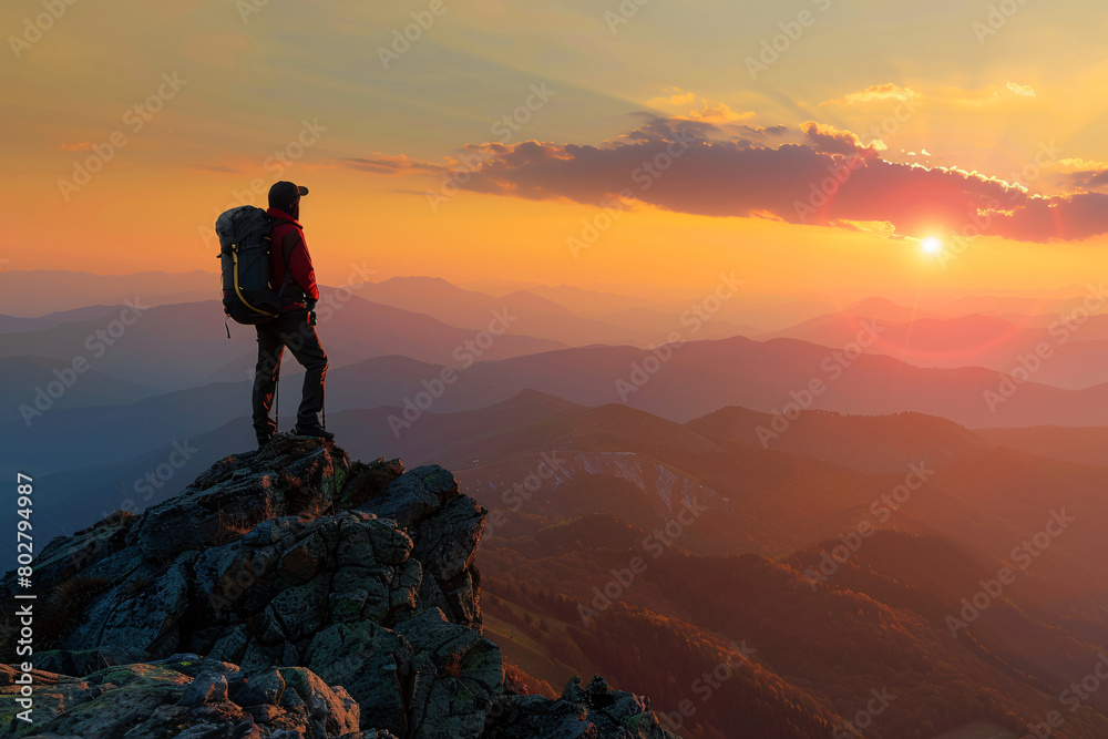 silhouette of man with backpack on the top of the mountain with beautiful sunset view