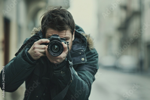 male photographer shooting something with dslr camera on the street