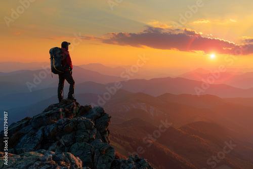 silhouette of man with backpack on the top of the mountain with beautiful sunset view © Di Studio