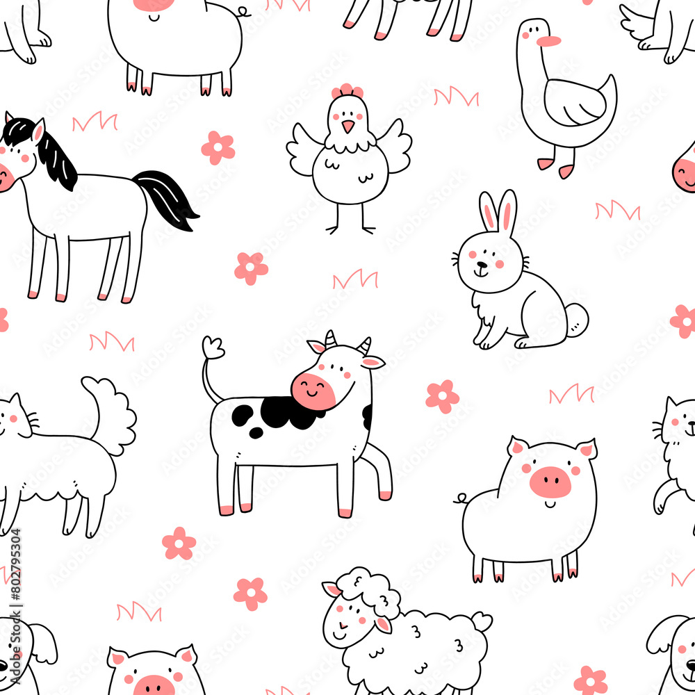 Obraz premium Seamless pattern with cute farm animals in doodle style. Illustration of a background with animals.