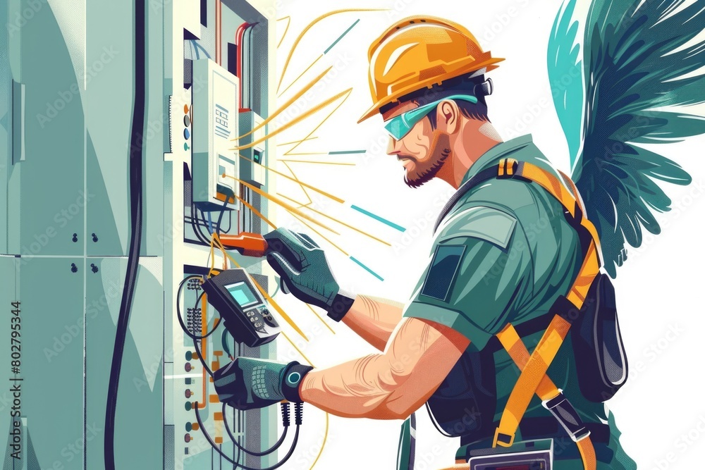 A man in a hard hat working on an electrical panel. Suitable for industrial and construction concepts A man in a hard hat working on an electrical panel. Suitable for industrial and construction concepts