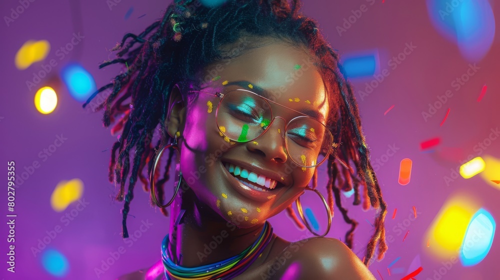 A woman with dreadlocks is illuminated by vibrant neon lights