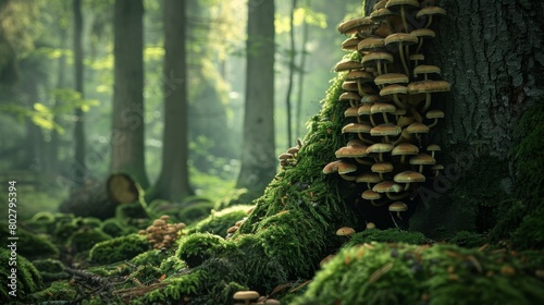 Lush forest scene with mushrooms growing on the trunk of a moss-covered tree, showcasing the beauty of nature's symbiotic relationships. photo