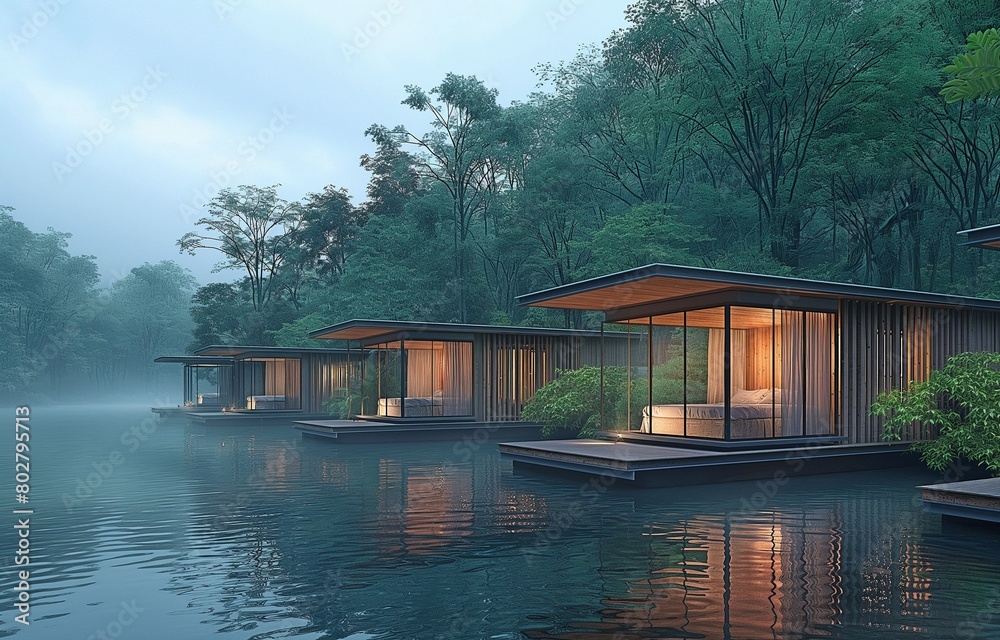 Obraz premium In these off-grid floating bungalows, guests can drift off to sleep to the soothing sounds of nature and a gentle wind amidst the stillness of the night.